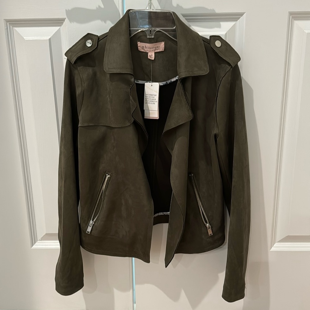 Philosophy Women's Olive Green Faux Leather Moto Jacket Sz XS